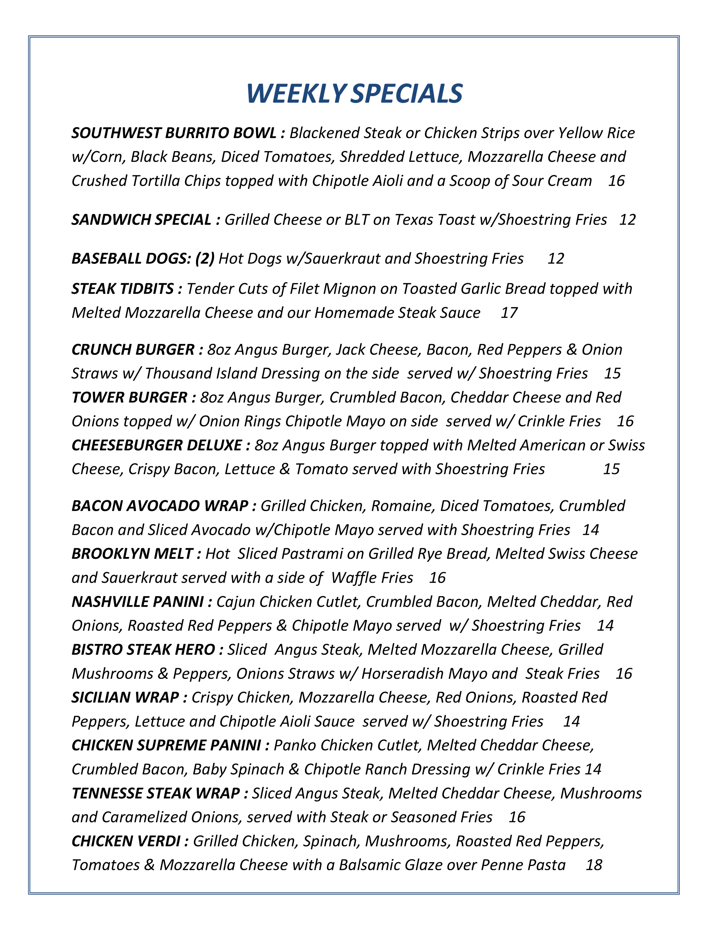 Rocky Point Ale House Menu